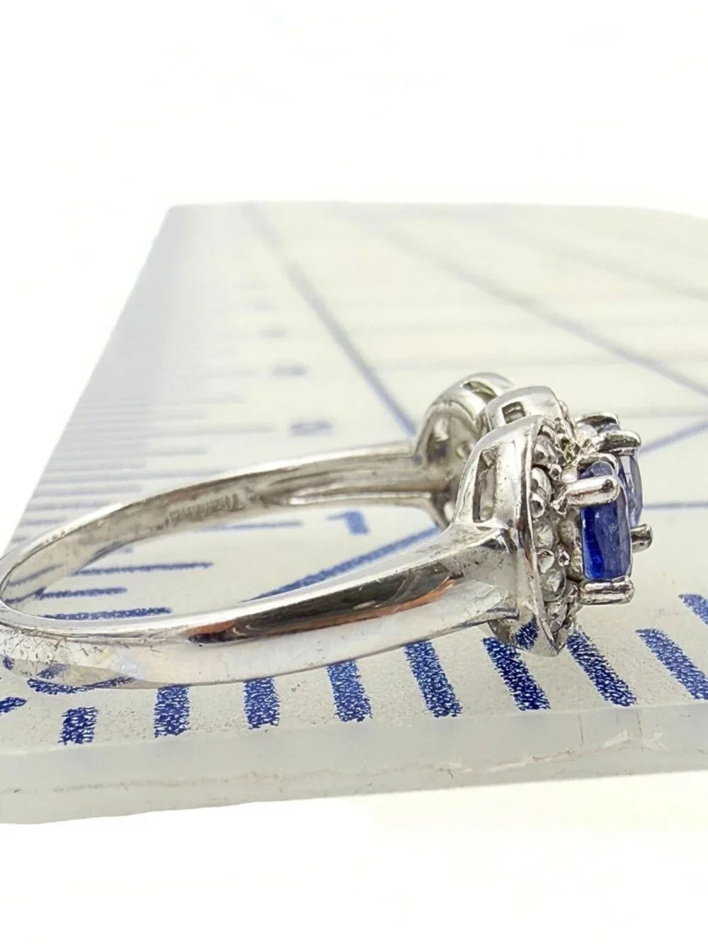 Contemporary Marked Sterling Silver Blue Topaz CZ Trilogy Halo Ring Sz 10.75